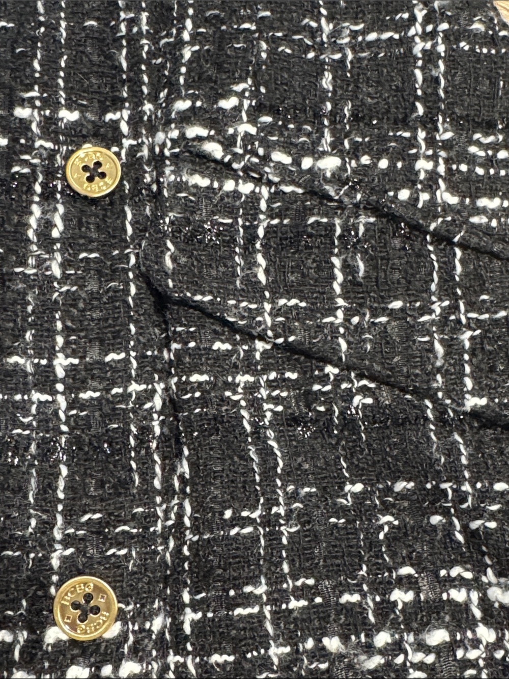 BCBG Sleeveless Black & White Tweed Halter Dress w/ Gold Buttons, Faux Pockets - Picture 13 of 13